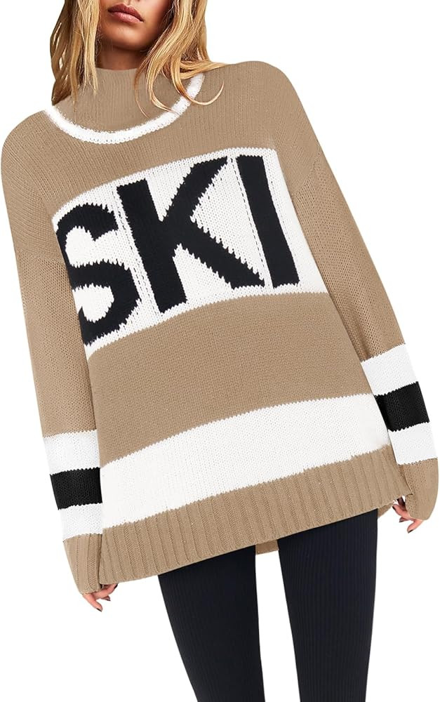 Yousify Womens Sweaters Fall 2024 Oversized Color Block Ski Sweater Crewneck Winter Tops S-2XL | Amazon (US)