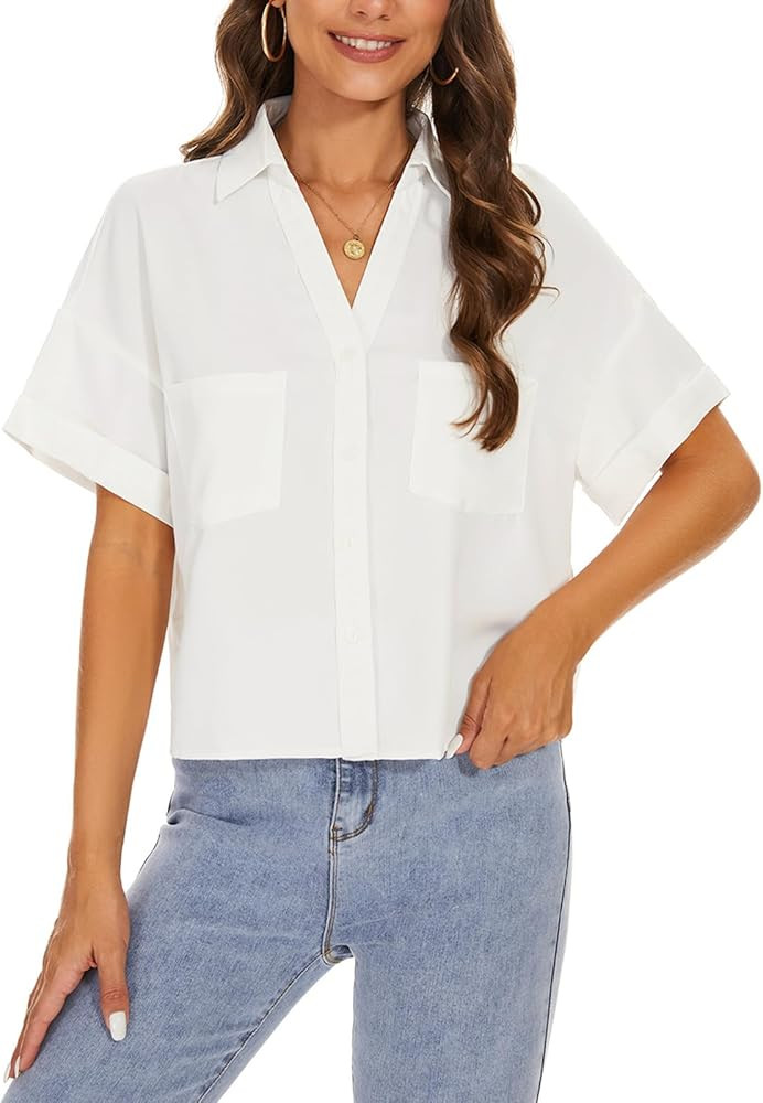 MINTLIMIT Womens Button Down Crop Tops Casual Short Sleeve Cropped Shirts Solid Lapel Blouse Shir... | Amazon (US)
