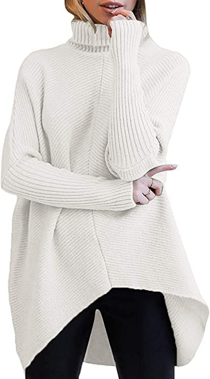 MILLCHIC Womens Turtleneck Long Batwing Sleeve Sweater Asymmetric Hem Casual Pullover Knit Tops | Amazon (US)