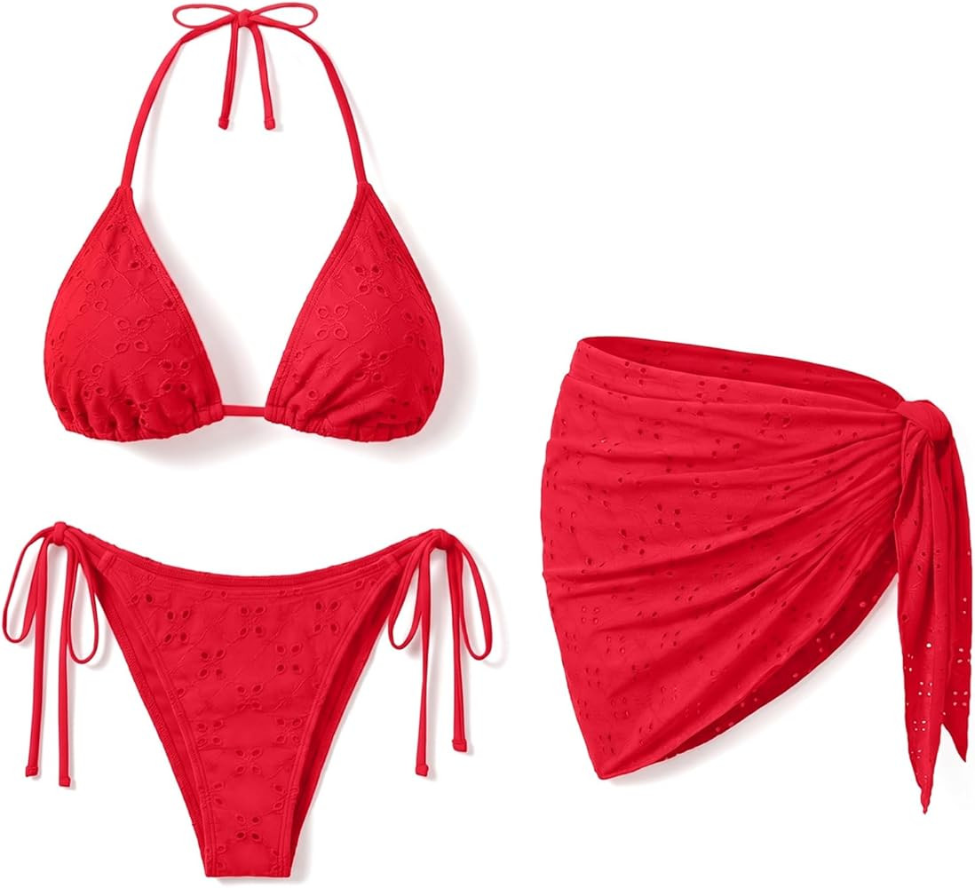 Women 3 Piece Swimsuits - Sexy Triangle Bikini Sets with Cover Up Halter String Tie Side Bathing ... | Amazon (US)