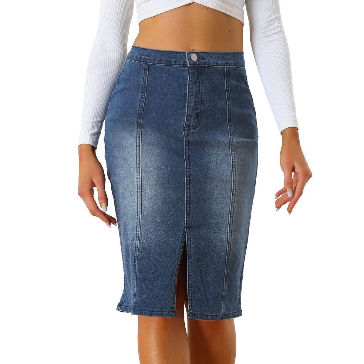 Allegra K Women's Slit Elastic High Waist Below Knee Length Stretch Bodycon Pencil Denim Skirt | Target