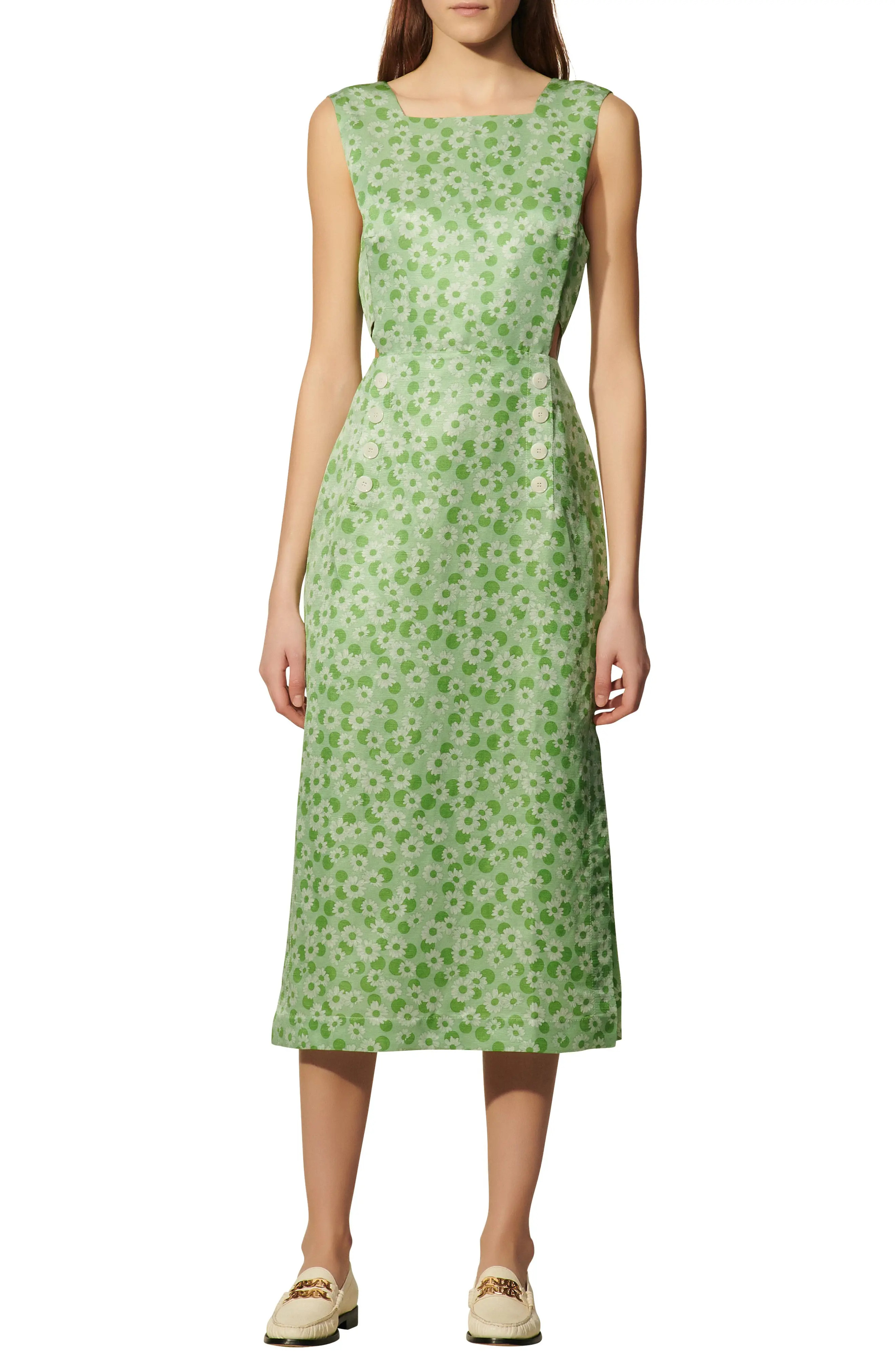 Women's Sandro Floral Cutout Detail Sleeveless Linen & Silk Dress, Size 8 US - Green | Nordstrom