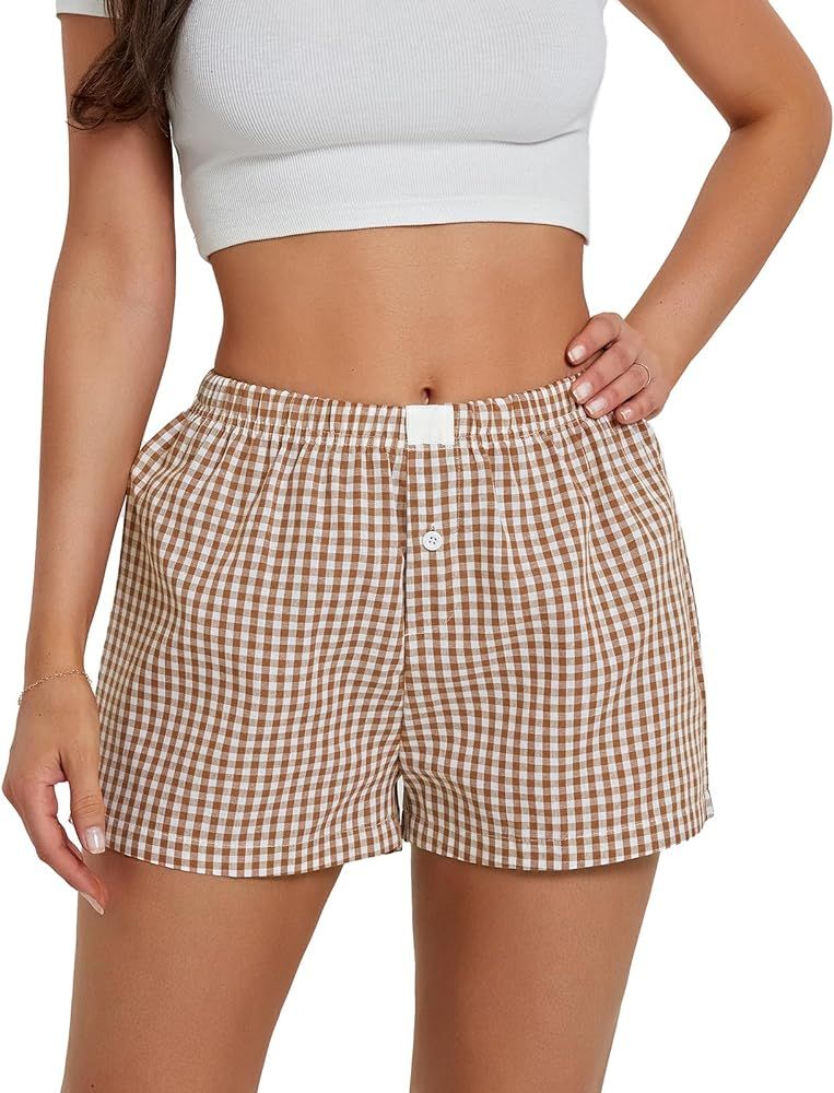 Women's Y2K Lounge Shorts Cute Soft Elastic Low Waist Plaid Print Button Front Pajama Bottoms Box... | Amazon (US)