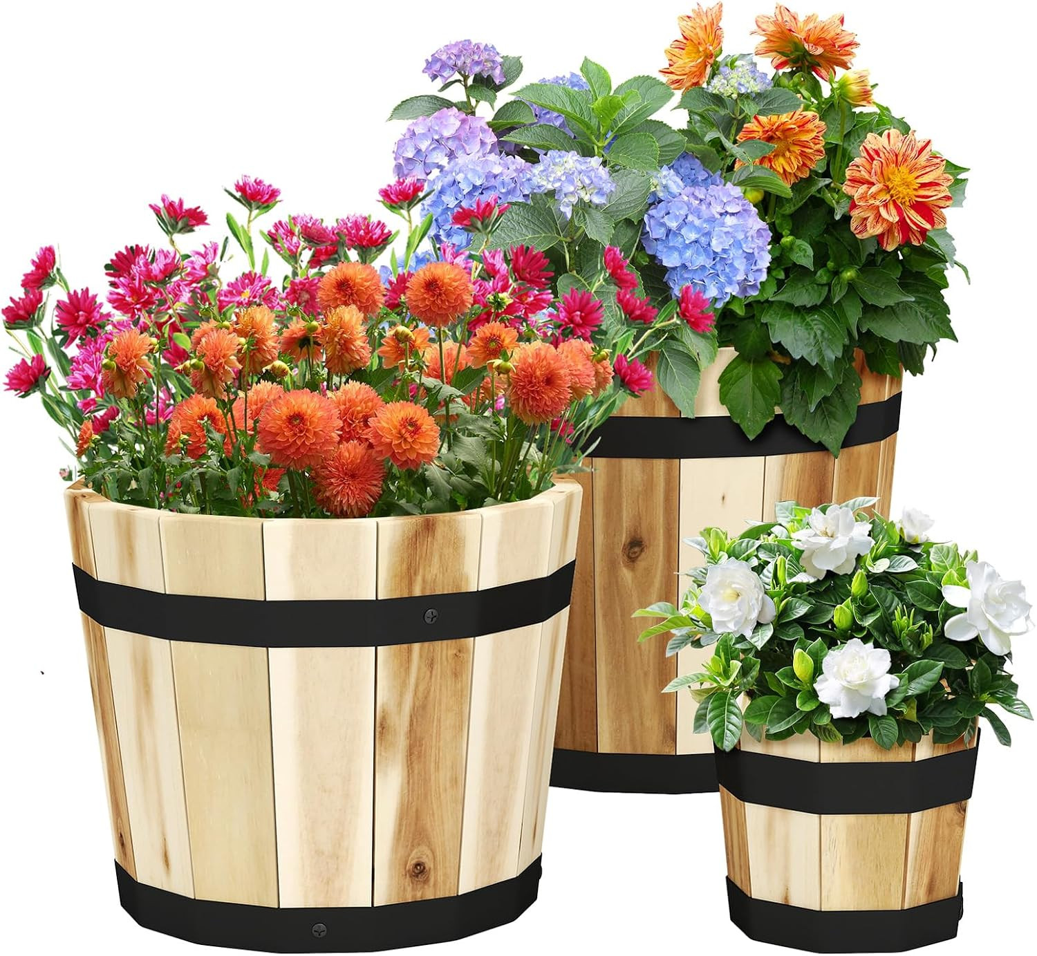 GIANTEX Set of 3 Barrel Planters, Outdoor Acacia Wood Raised Garden Bed for Flower Vegetable Fruit, Whiskey Bucket Shape Planter Boxes in Different Sizes for Patio Porch Balcony Yard (Natural) | Amazon (US)