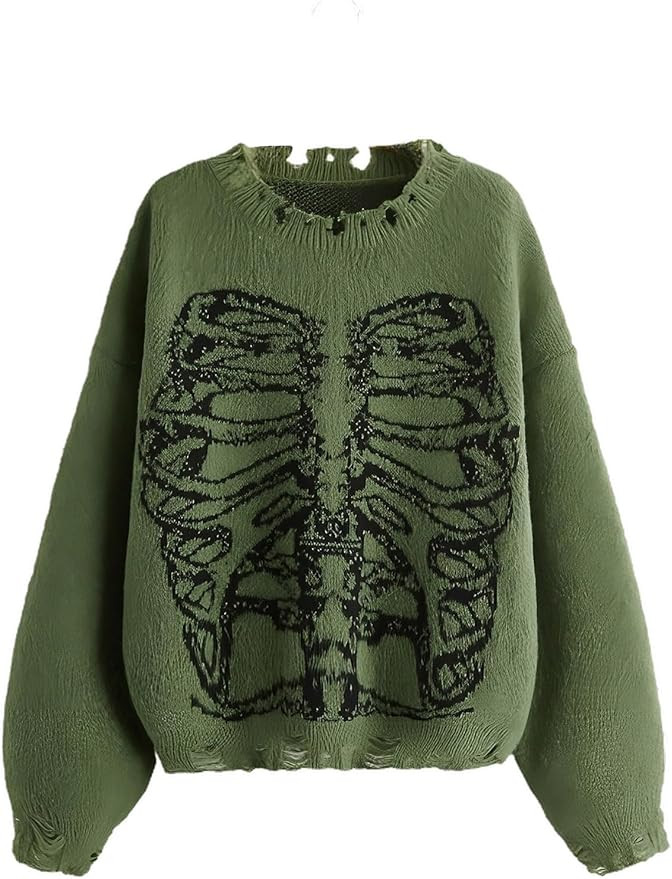 WDIRARA Women's Skeleton Patterned Distressed Long Sleeve Round Neck Pullover Sweaters | Amazon (US)