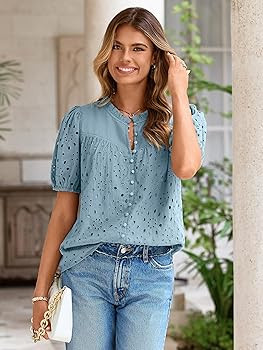 Glamaker Womens Summer Tops Blouse 2026 Casual Eyelet Embroidered Short Puff Sleeve Lace Hollow O... | Amazon (US)