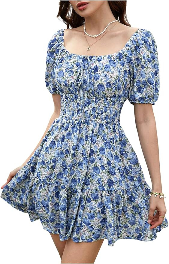 Floerns Women's Boho Square Neck Puff Short Sleeve Self Tie Front A Line Dress | Amazon (US)