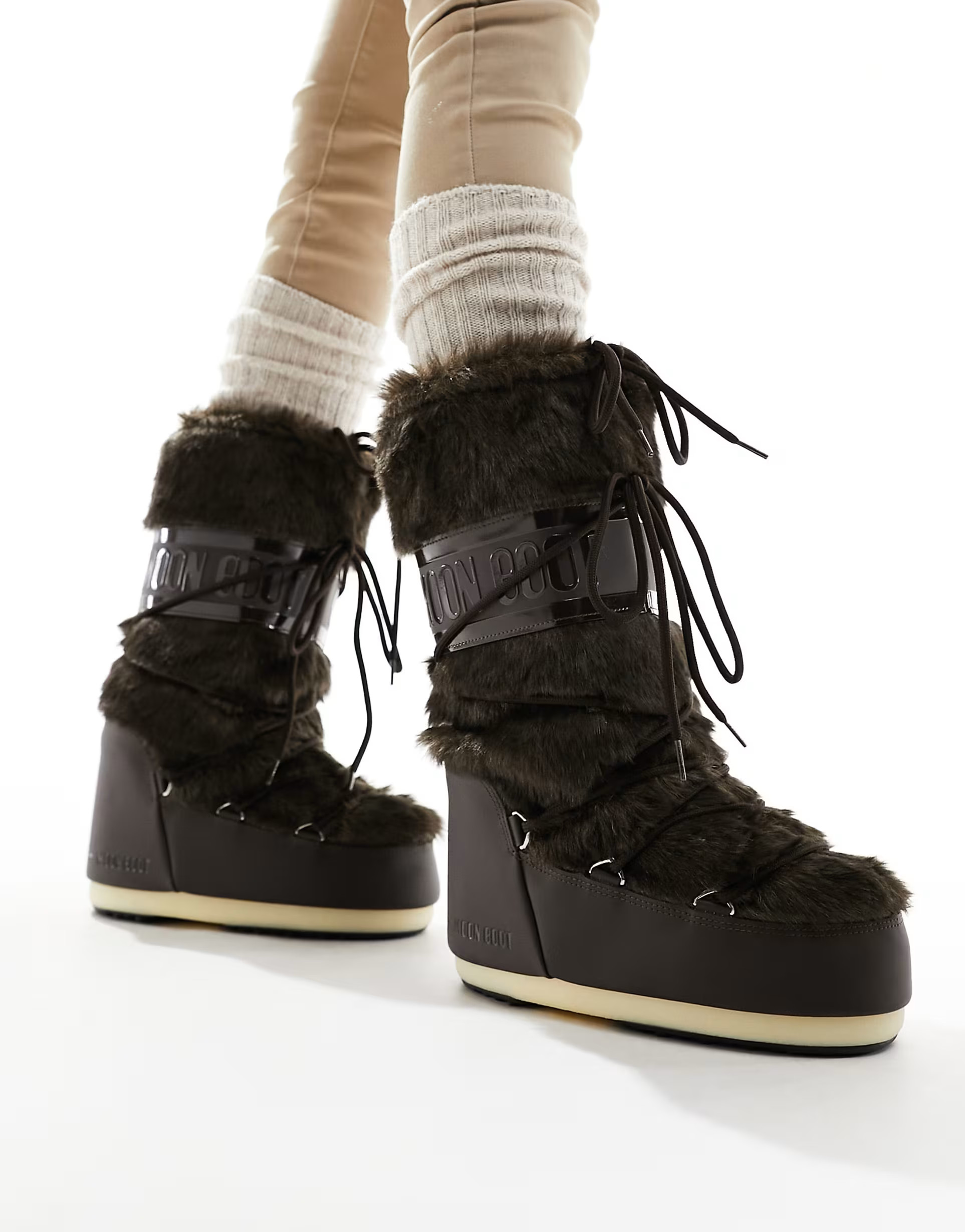 Moon Boot high ankle snow boots in brown faux fur | ASOS (Global)
