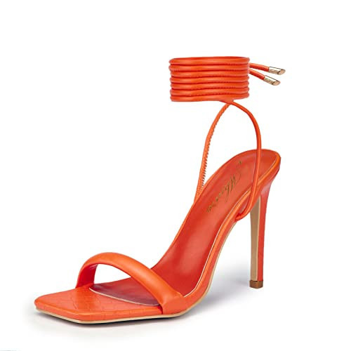Mhuire Women's Stiletto Lace up Heels Square Toe Strappy Heels Sandals Open Toe Party Wedding Shoes Orange Size 8.5 | Amazon (US)