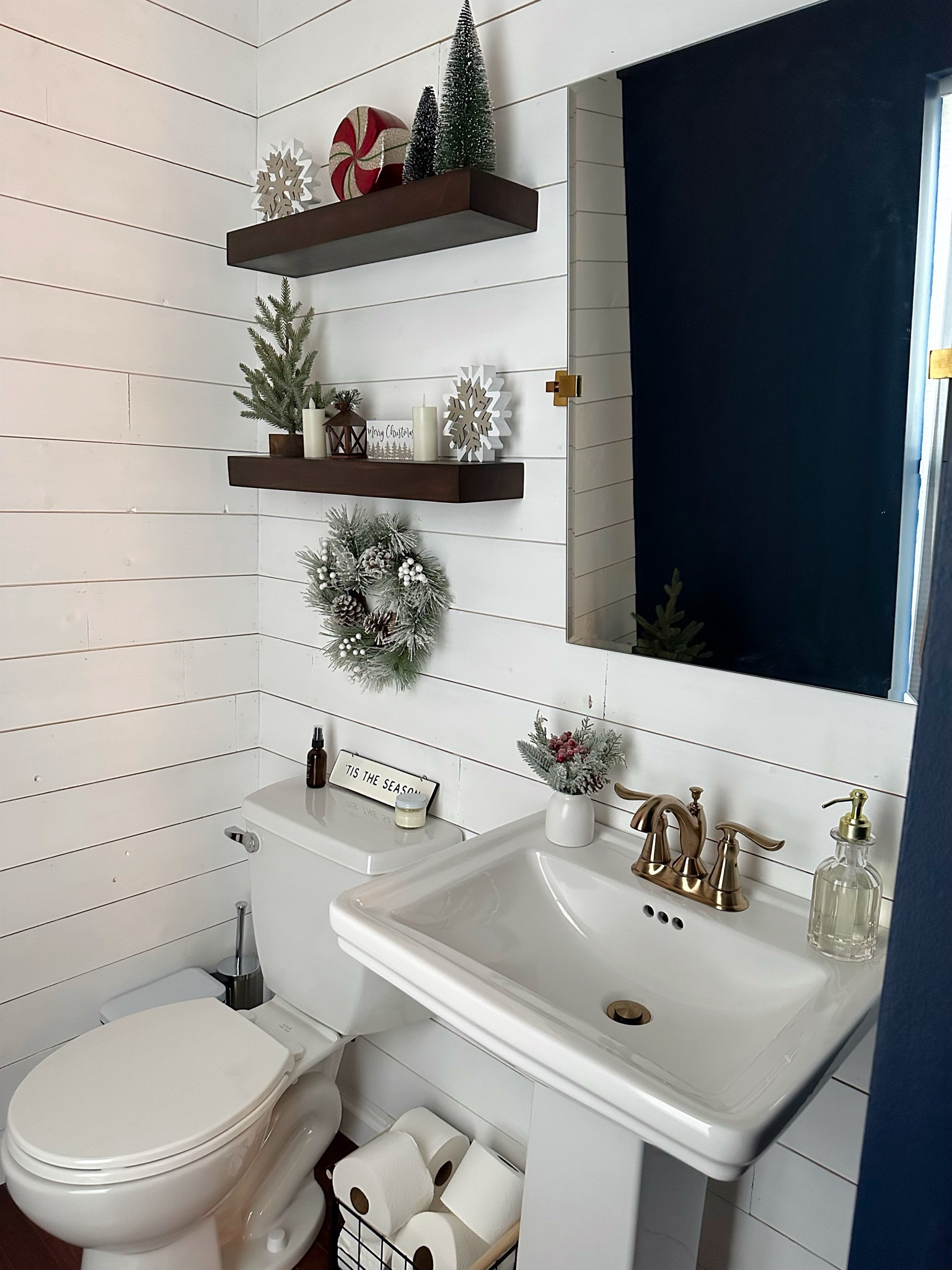 Christmas powder room 

Wreath, bathroom, plants, christmas flock, gold, gold bathroom accessories, shelves , shelf styling

#LTKSeasonal #LTKHoliday #LTKunder50