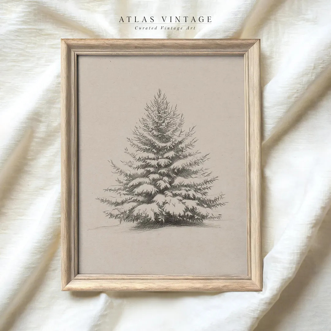 Vintage Christmas Tree Sketch Print, Pine Tree Christmas Wall Decor, Xmas Evergreen Tree Poster, ... | Etsy (US)