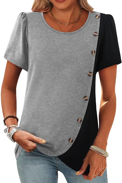 MixShe Womens Color Block Tops Short Sleeve Button Asymmetrical Casual Crewneck Pullover Shirts | Amazon (US)