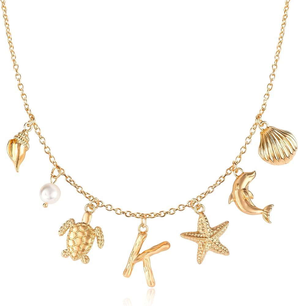 Initial Charm Necklace For Women, Boho Gold Summer Beach Surfer Letter Necklace Starfish Seashell... | Amazon (US)