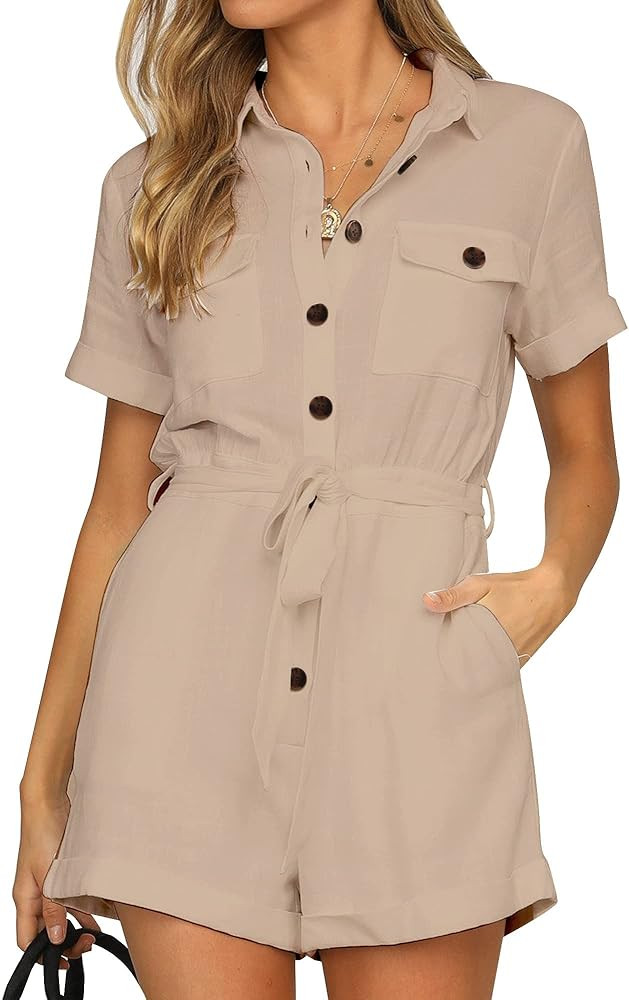 GRAPENT Women's Summer Short Sleeve Button Down Pockets Belted Jumpsuits Rompers | Amazon (US)