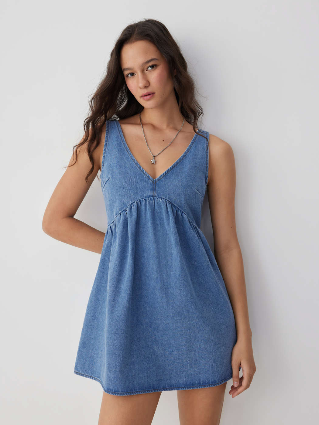 Denim Denim V-neck Tie Back A-line Oversized Mini Dress For Daily Casual Vacation | Cider
