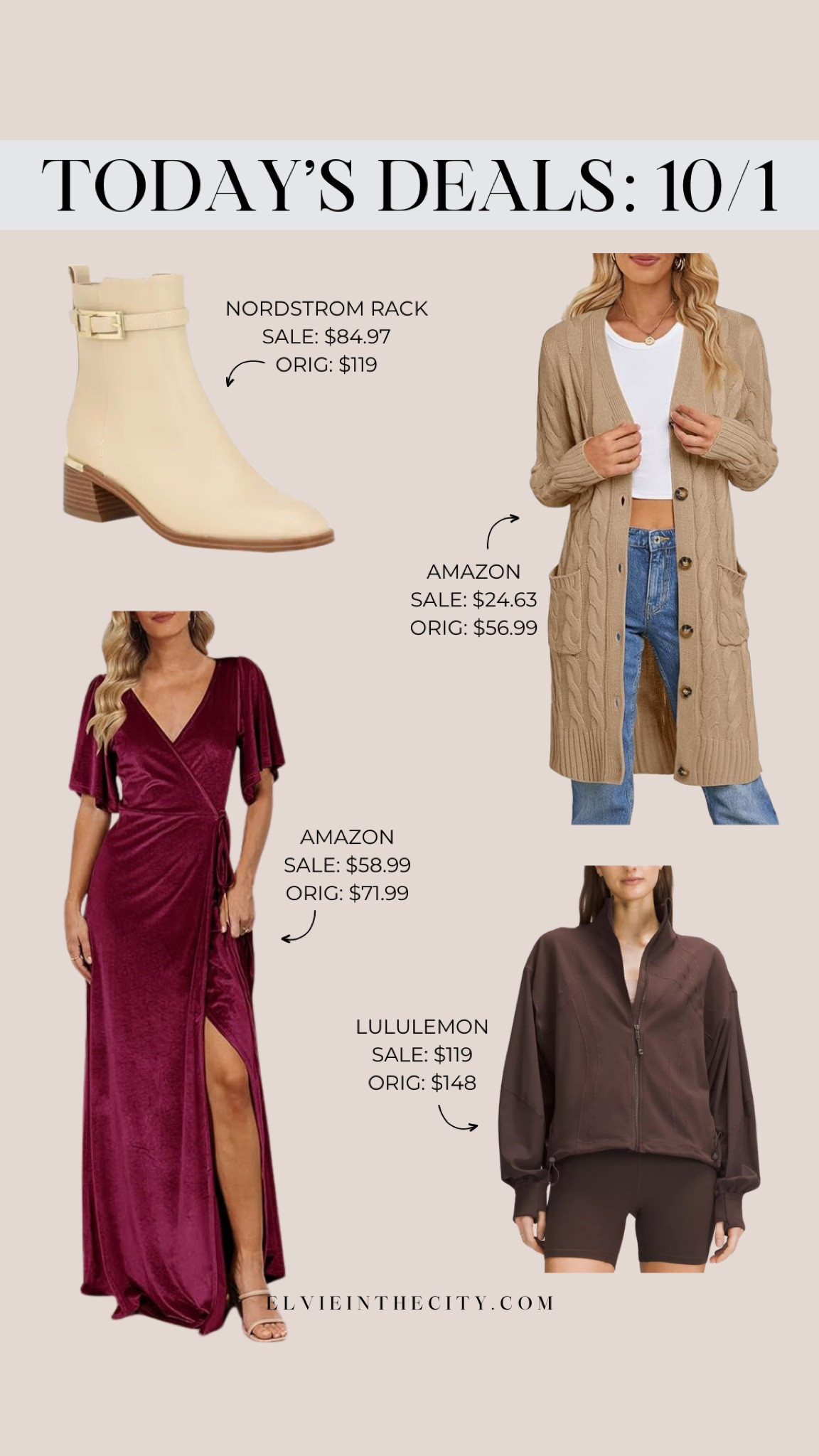 Today’s deals include Calvin Klein boots from Nordstrom Rack, a long cable knit sweater from Amazon (comes in a ton of colors, and be sure to clip the coupon to get the full savings), a v-neck velvet wrap dress from Amazon, and a Lululemon zip up jacket.

Deal of the day, workout jacket, wedding guest dress, fall boots, fall sweater, fashion over 40

#LTKOver40 #LTKStyleTip #LTKSaleAlert