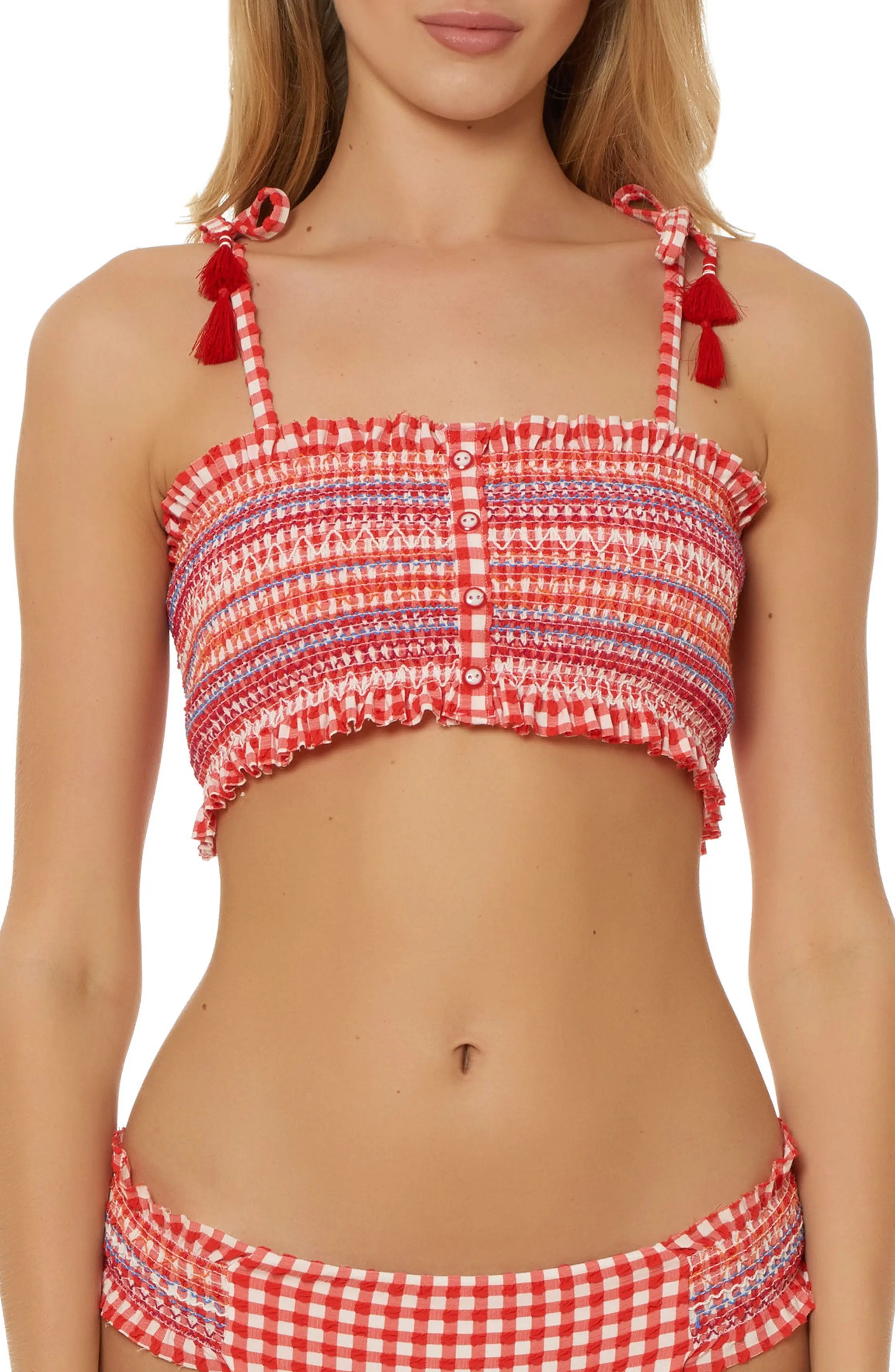 Red Carter Smocked Gingham Bikini Top | Nordstrom