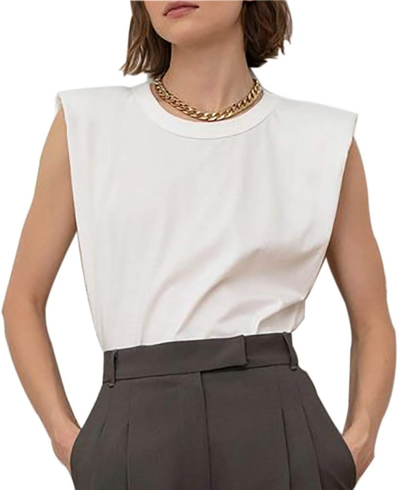 Meladyan Women’s Solid Cotton Padded Shoulder Sleeveless Tee Vest Crew Neck Loose Tank Tops | Amazon (US)