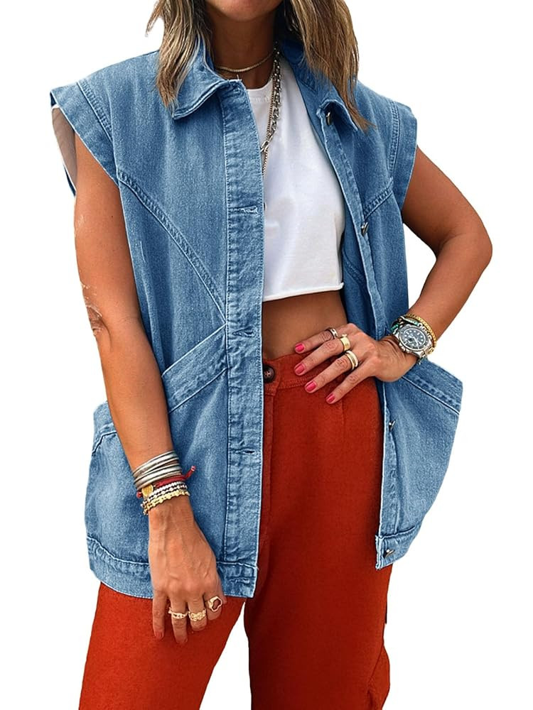 PLNOTME Womens Oversized Sleeveless Denim Vest Classic Button Down Jean Vest Casual Utility Lapel... | Amazon (US)