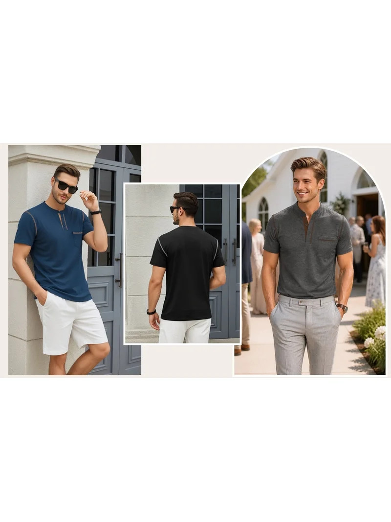 RICHCOIN Men Summer Tops Short Sleeve V Neck Tshirt Band Collar Button Down Solid Pocket Gray Tee... | Walmart (US)
