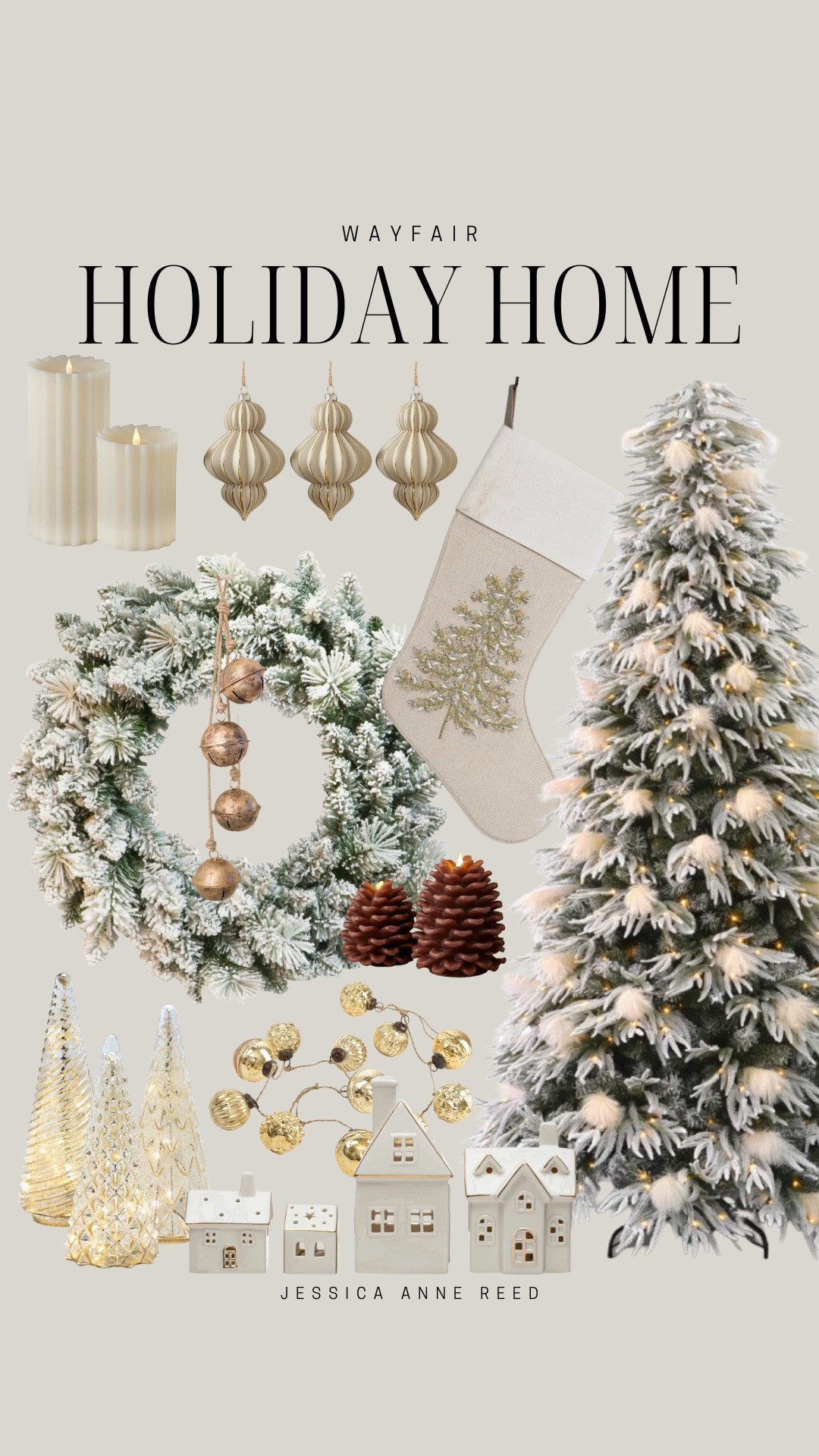 Wayfair holiday home finds include Christmas tree, wreath, stocking, ornaments, fluted candles, bells, glass Christmas trees, pine cone candles, gold garland, and Christmas village. 

Holiday decor, holiday home, Christmas home, Christmas decor

#LTKFindsUnder100 #LTKHome #LTKSeasonal