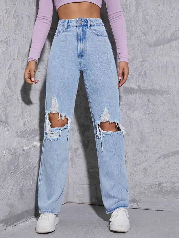 High Waist Cut Out Ripped Frayed Straight Leg Jeans | SHEIN