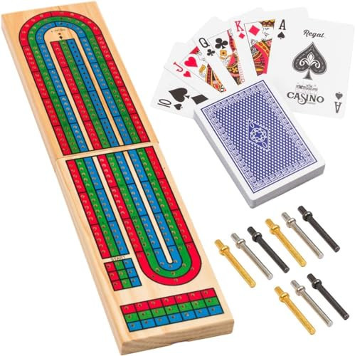 Regal Games Cribbage Board Game Set w/Storage - Fun Table Game with Wooden Board for Adults & Kids - 9 Metal Pegs, Deck of Playing Cards & 2-4 Player Games - Ideal for Game Night, Travel (Ages 8+) | Amazon (US)