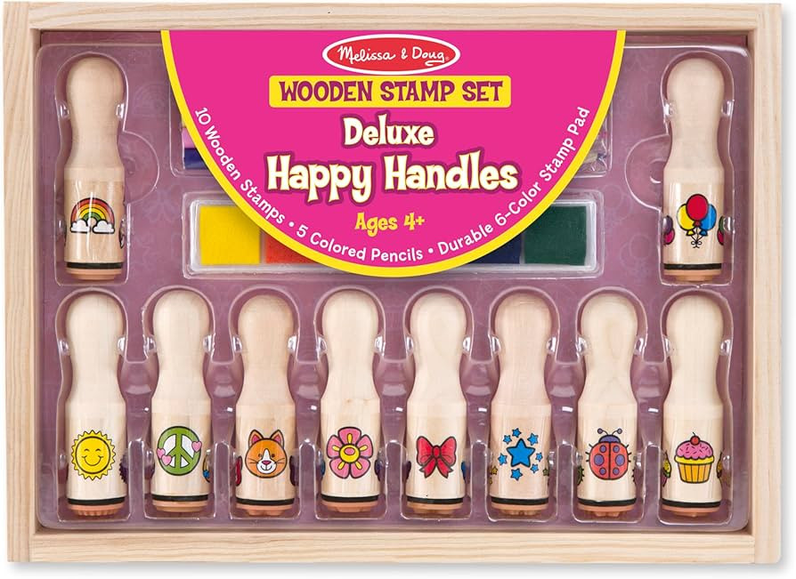 Melissa & Doug Deluxe Happy Handle Stamp Set With 10 Stamps, 5 Colored Pencils, and 6-Color Washa... | Amazon (US)