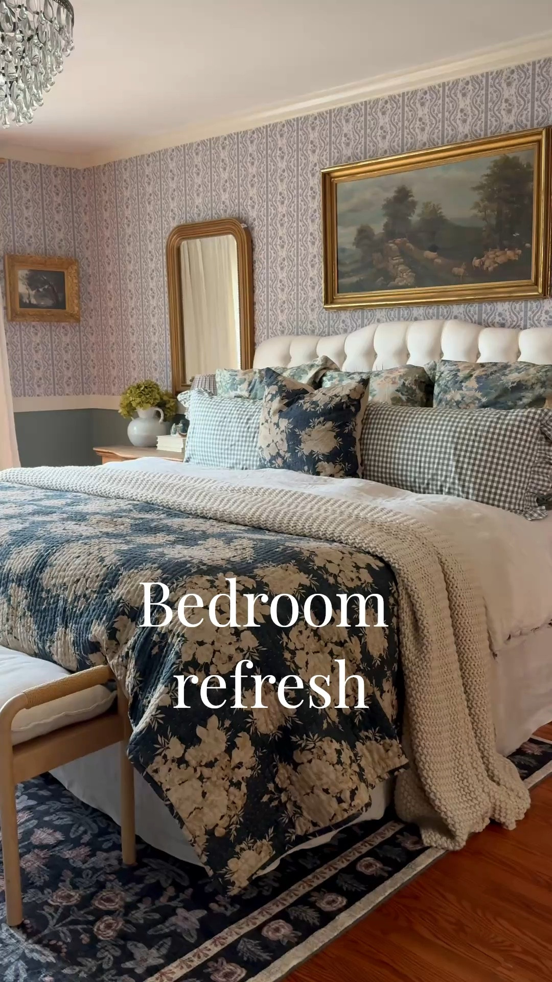 Bedroom spring refresh… custom linen curtain panels, custom linen motorized Roman shade, reversible floral quilt, floral cloud pile rug, chunky knit throw blanket, floral peel and stick wallpaper, gold arch mirror, percale toile sham, ruffled gingham sham, linen duvet cover, linen bedskirt, crystal chandelier 

#LTKHome #LTKSpringSale #LTKSeasonal