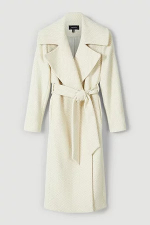 Italian Wool Herringbone Relaxed Wrap Belted Coat | Karen Millen UK + IE + DE + NL