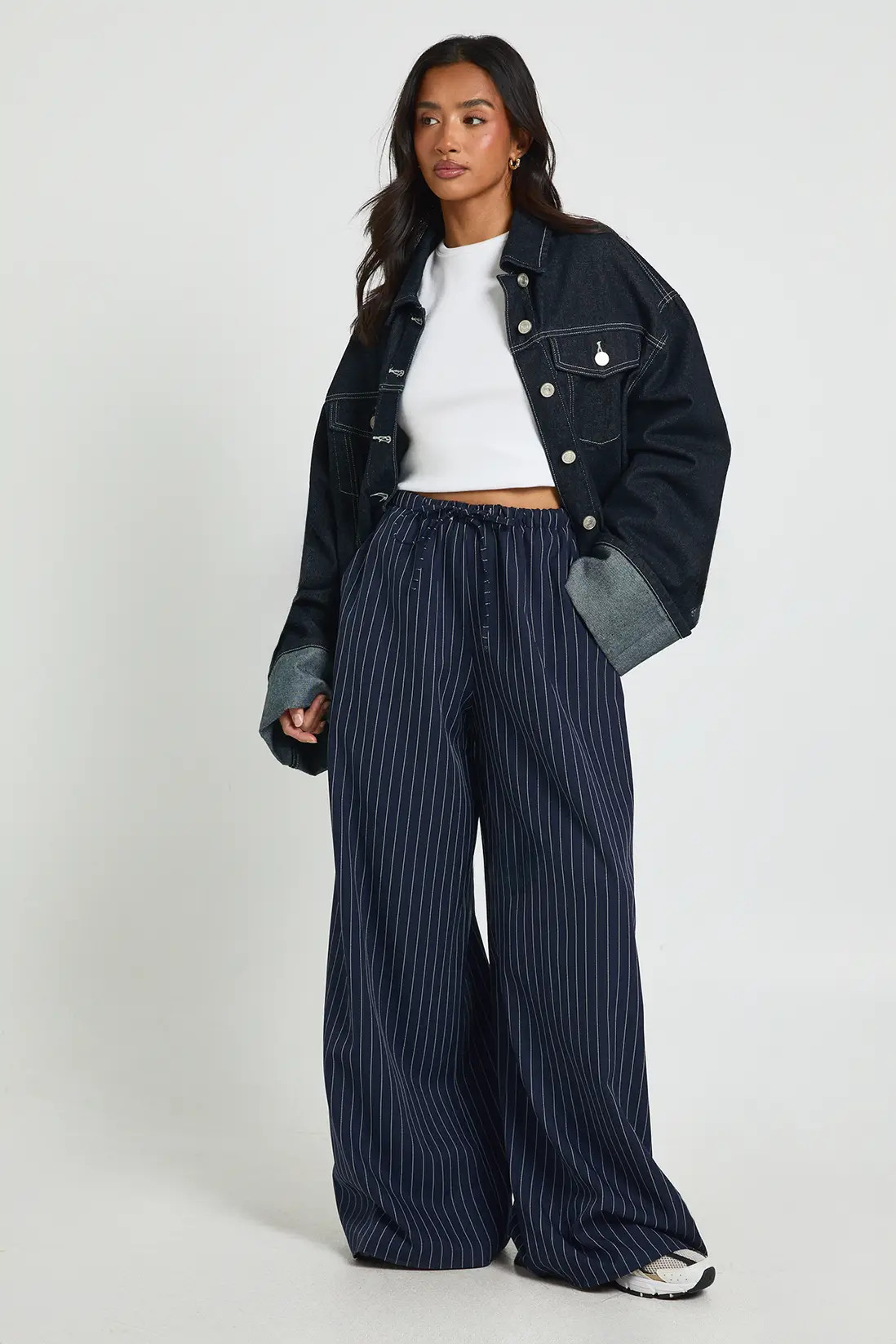 Trousers | Petite Drawstring Stripe Wide Leg Trousers | boohoo | Boohoo.com (UK & IE)