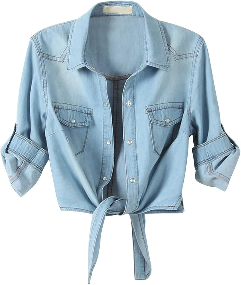 Women's 3/4 Sleeve Front Tie Shirt Denim Shirt Crop Cardigan Jean Crop Top Chambray Knot Shirt | Amazon (US)
