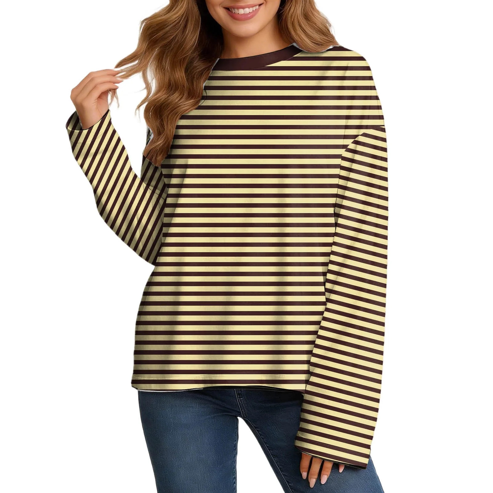 Jane Wardrobe Women's Striped Long Sleeve Tee, Color Block Crew Neck Loose Fit Casual Polyester T... | Walmart (US)