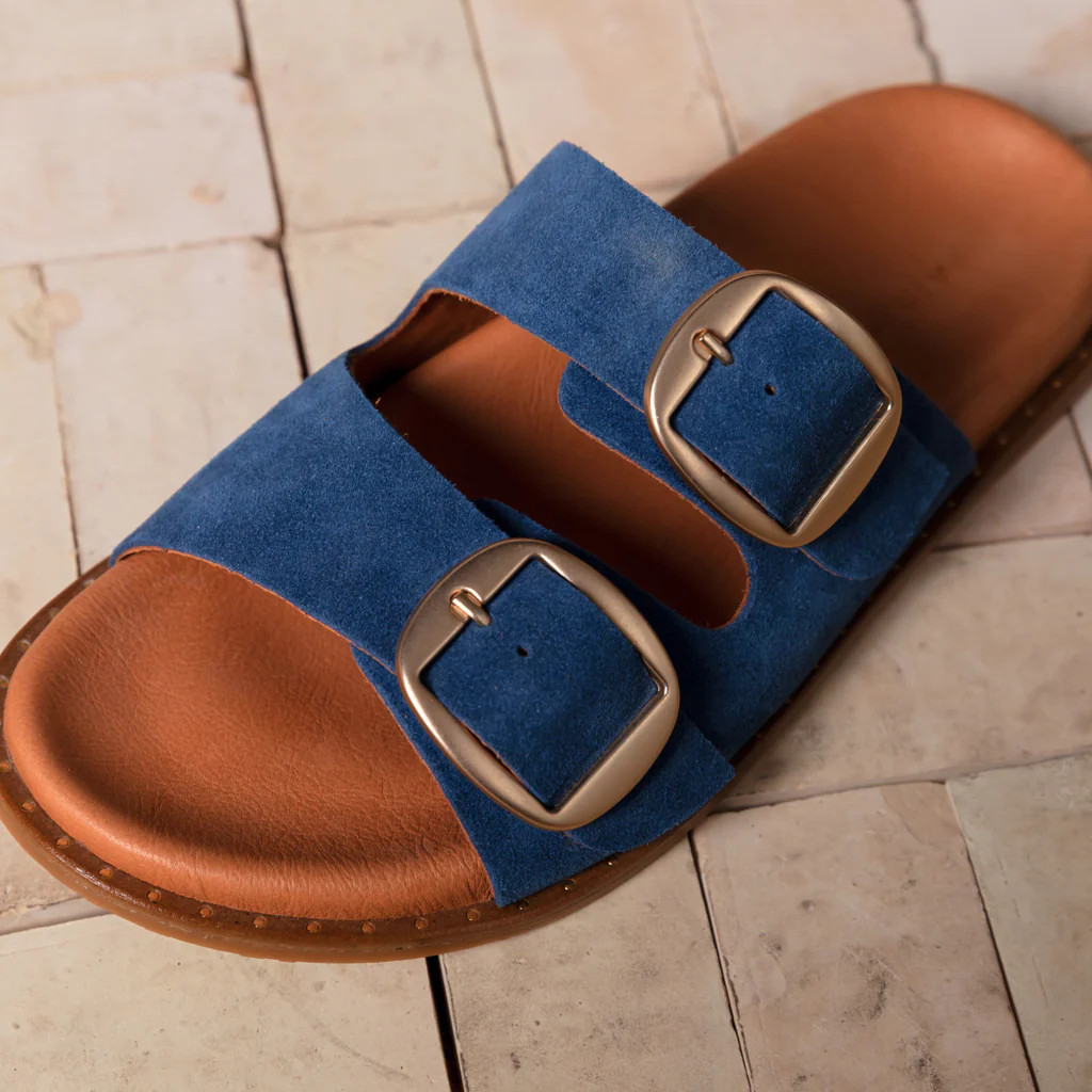 Talia Two Bar Sandals: Blue Suede | Air & Grace