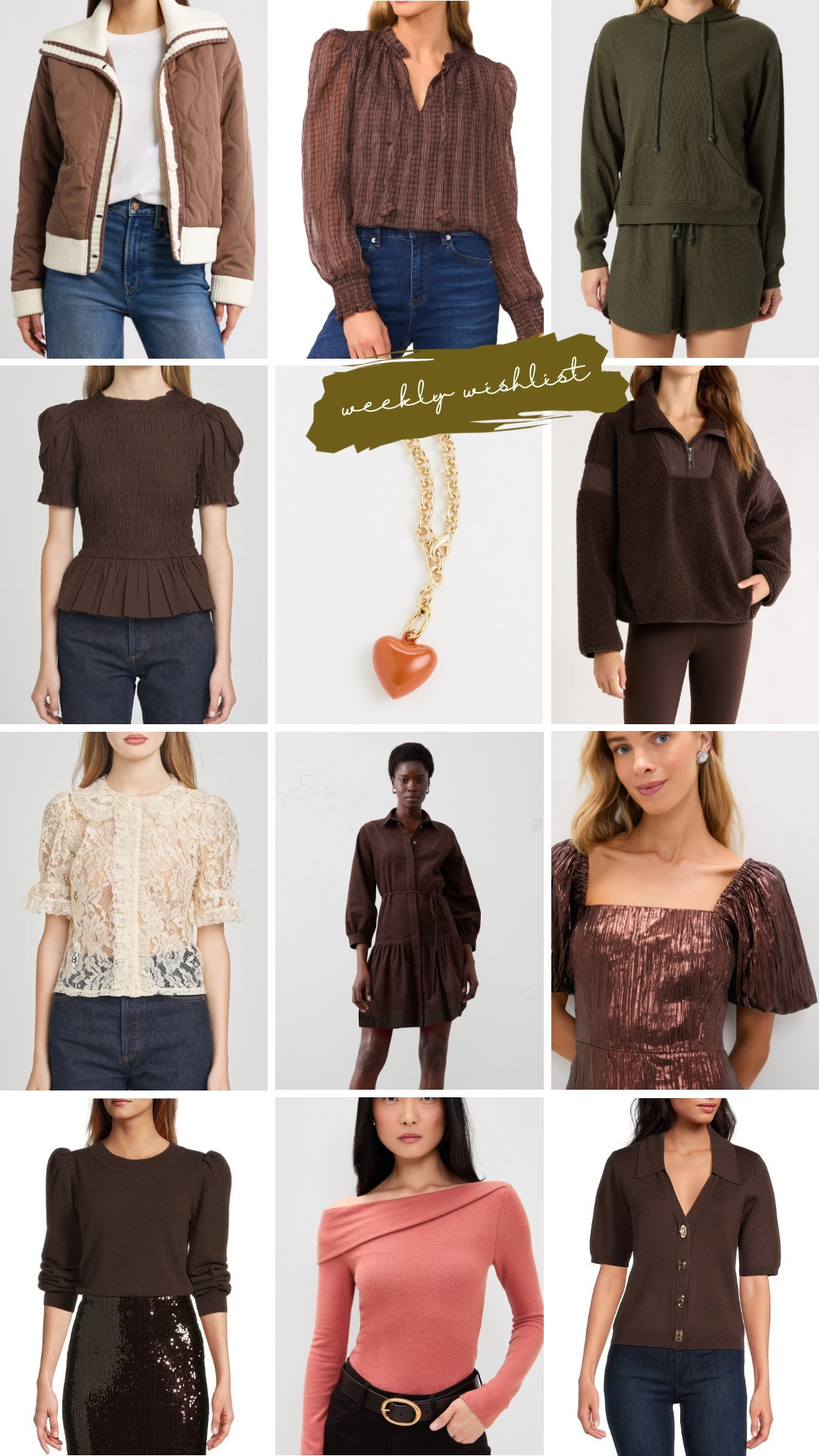 Weekly wishlist, autumns, fall, nordstrom, wayf, astr, dillards, tuckernuck, classic style, puff heart necklace, jacket, suede, leisure matching set, peplum, dark brown, olive green, tan, blouse, cozy 1/4 zip, fleece, workwear, fall for autumns, sweater, off the shoulder, Rosewood, warm pink, autumn pink, ivory lace, lace blouse, cream, oyster, holiday dress, bronze dress, puff sleeve, elevated style, cardigan, embellished cardigan, midsize, mom, size 8, shearling pullover, zella

HOC autumn, House of colour autumn, true autumn, dark autumn, soft autumn 

 #LTKMidsize #LTKStyleTip #LTKWorkwear