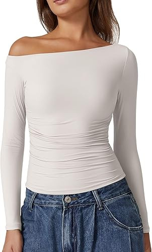 QINSEN Women's Sexy Off Shoulder Shirt Long Sleeve Double Lined Tops Side Ruched Fitted Tees | Amazon (US)