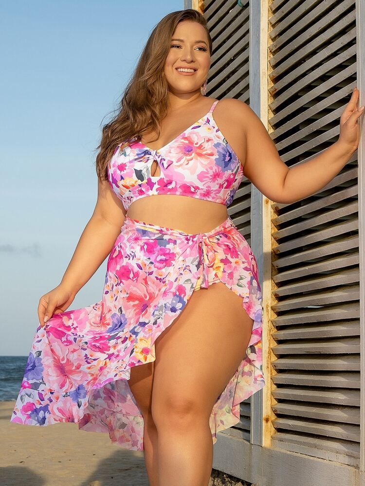 Plus Allover Floral Print Ruffle Hem Bikini Swimsuit With Beach Skirt | SHEIN