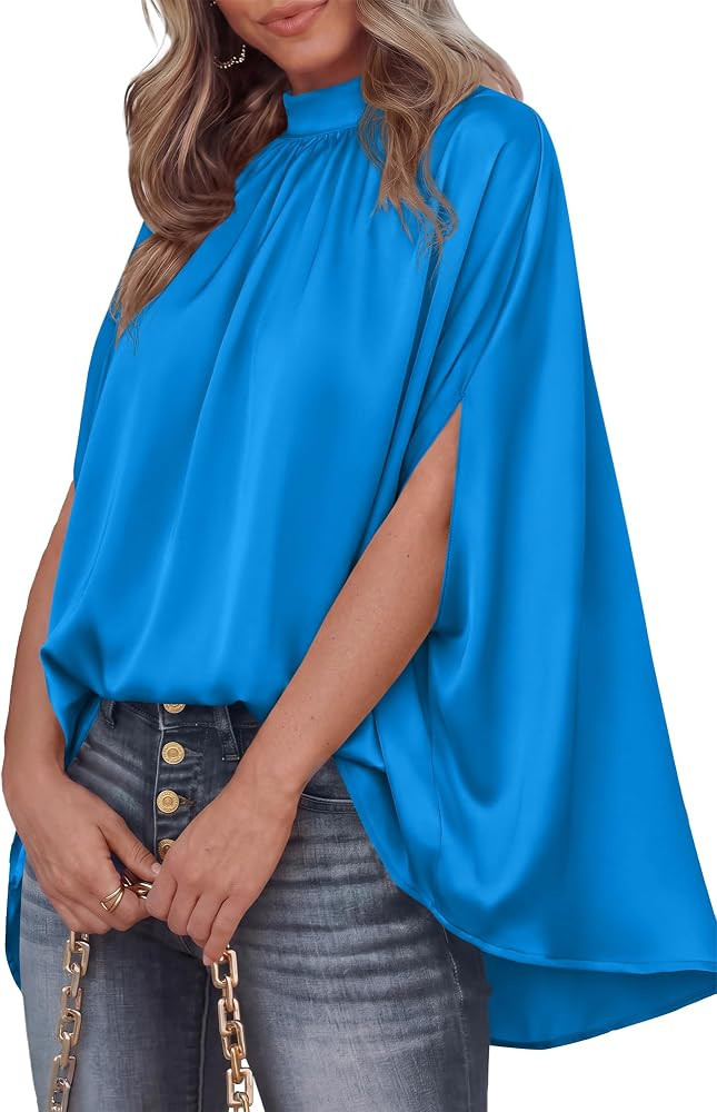 BTFBM Womens Summer Tops 2026 Mock Neck Batwing Sleeve Silk Satin Shirts Loose Oversized Dressy C... | Amazon (US)