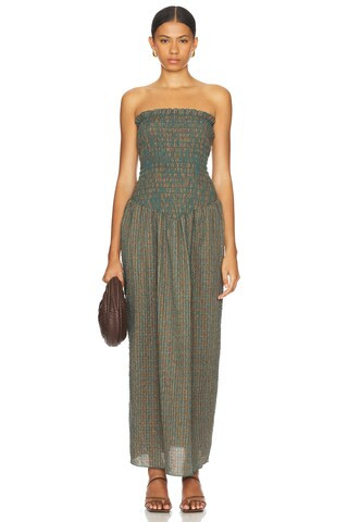 Apres Studio Ruched Strapless Maxi Dress in Pine Check from Revolve.com | Revolve Clothing (Global)