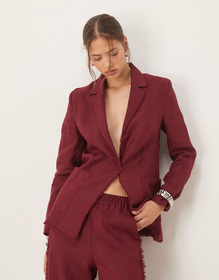 Mango 100% linen frayed edge fitted blazer in dark red - part of a set | ASOS (Global)