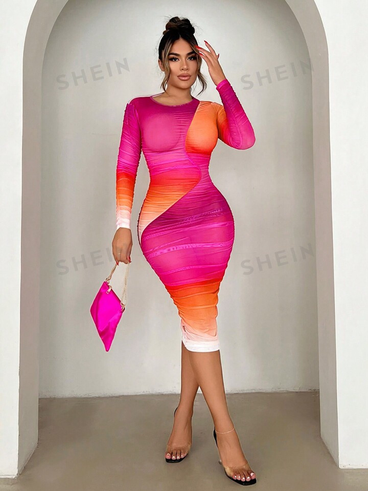 SHEIN SXY Women'S Ombre Pleated Bodycon Colorful Dress Valentine Day Dress
Date Night Dress
Sprin... | SHEIN