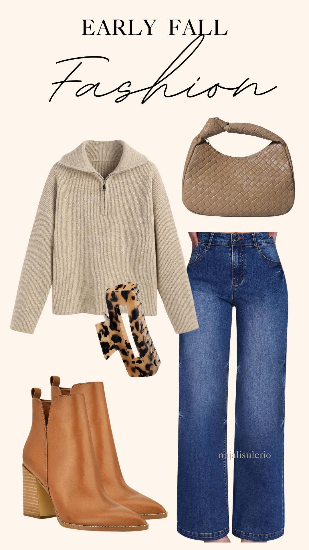 Early Fall Fashion Idea!!

Beige quarter-zip pullover knit with elevated jeans and leather chunky heeled booties completed with a beige knot bag and tortoise shell claw clip!

This outfit is perfect for grabbing lunch, apple picking with the family, or meeting up with friends!  

 #LTKFallSale #LTKSeasonal #LTKStyleTip