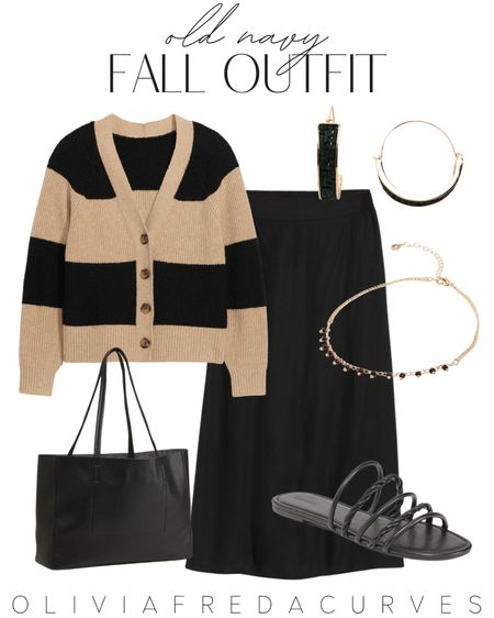 Old Navy Fall Outfit - black skirt outfit - d striped cardigan - black purse - gold hoop earrings - black fall sandals

#LTKFind #LTKstyletip #LTKSeasonal