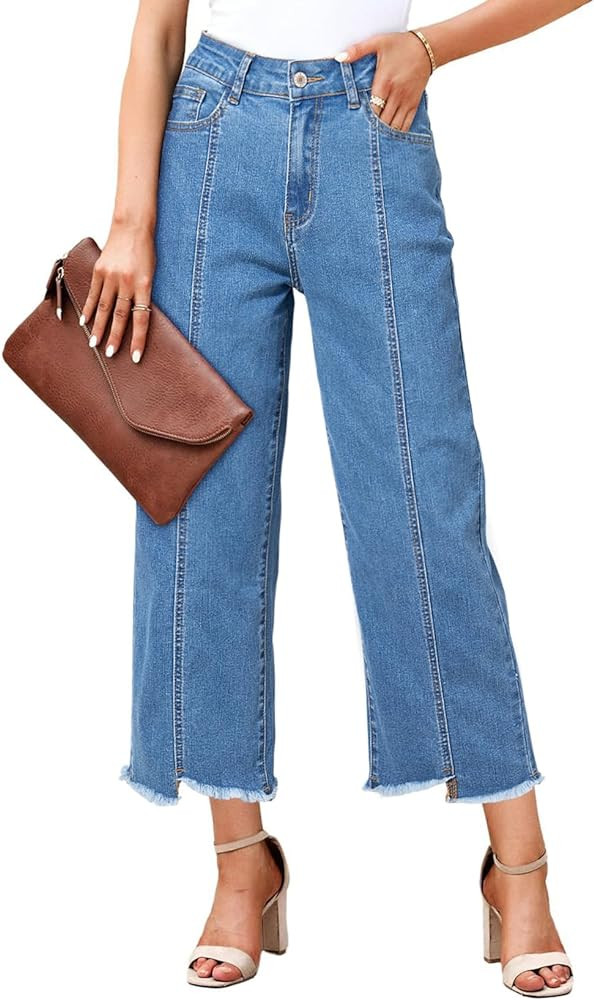 Sidefeel Women's Jeans High Waisted Wide Leg Casual Loose Fit Straight Leg Cropped Denim Pants wi... | Amazon (US)