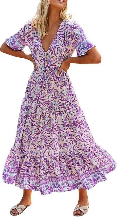 R.Vivimos Womens Summer Floral Print Cotton Short Sleeve Flowy Dress | Amazon (US)