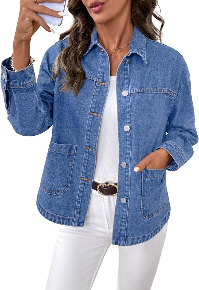 Sidefeel Women‘s Jean Jacket Casual Long Sleeve Button Down Oversized Boyfriend Trendy Denim Ja... | Amazon (US)