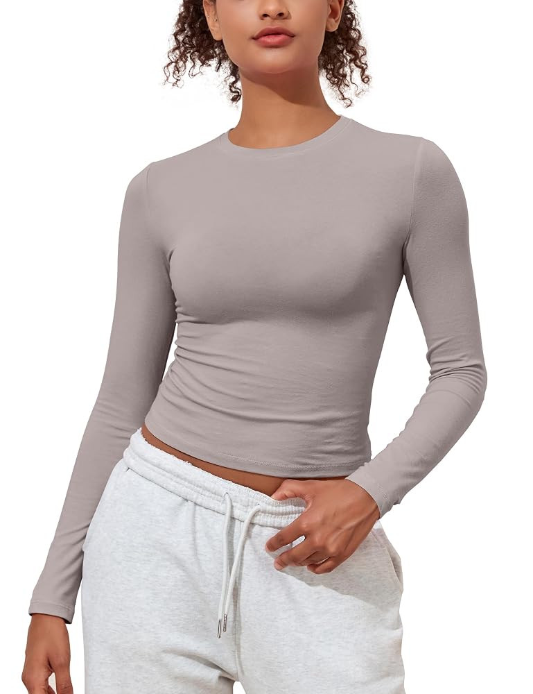 PrettyGuide Women's Cotton Jersey Long Sleeve Shirts Tight Fit Crewneck Crop Tops Basic Fall Goin... | Amazon (US)