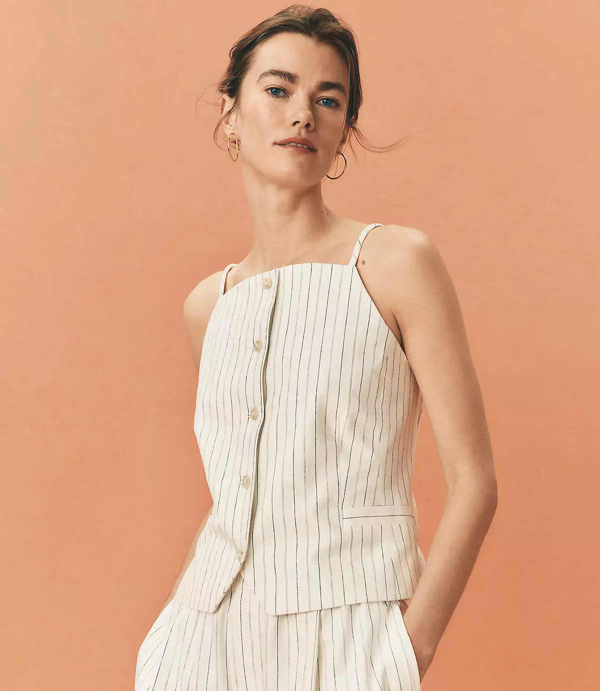 Pinstripe Cotton Linen Strappy Vest Top | LOFT
