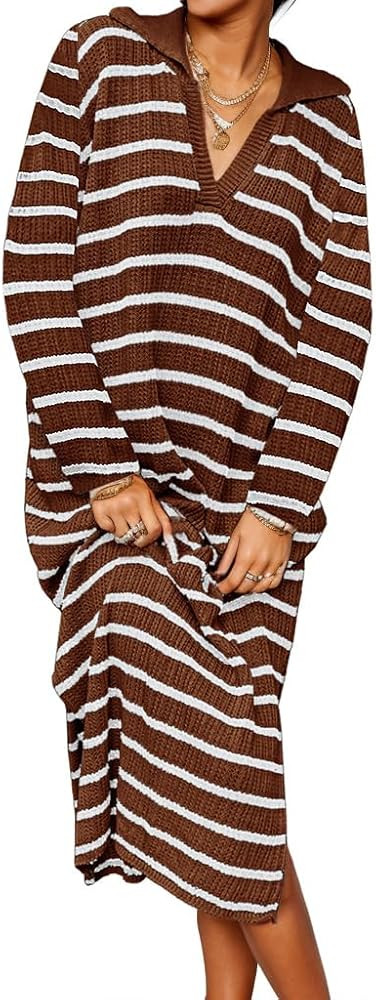 Womens V Neck Fall Sweater Dresses Striped Oversized Knit Casual Long Sleeve Midi Collared Sweate... | Amazon (US)