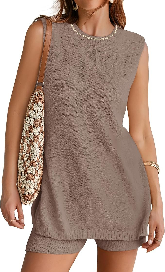 ZESICA Women's Summer Two Piece Knit Outfits 2024 Casual Trendy Tank and Shorts Lounge Sets | Amazon (US)